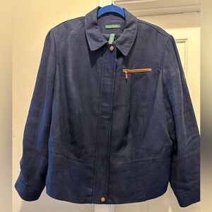 RALPH LAUREN 100% Linen Jacket Leather Trim Women’s 20W Navy Blue Lined Zip